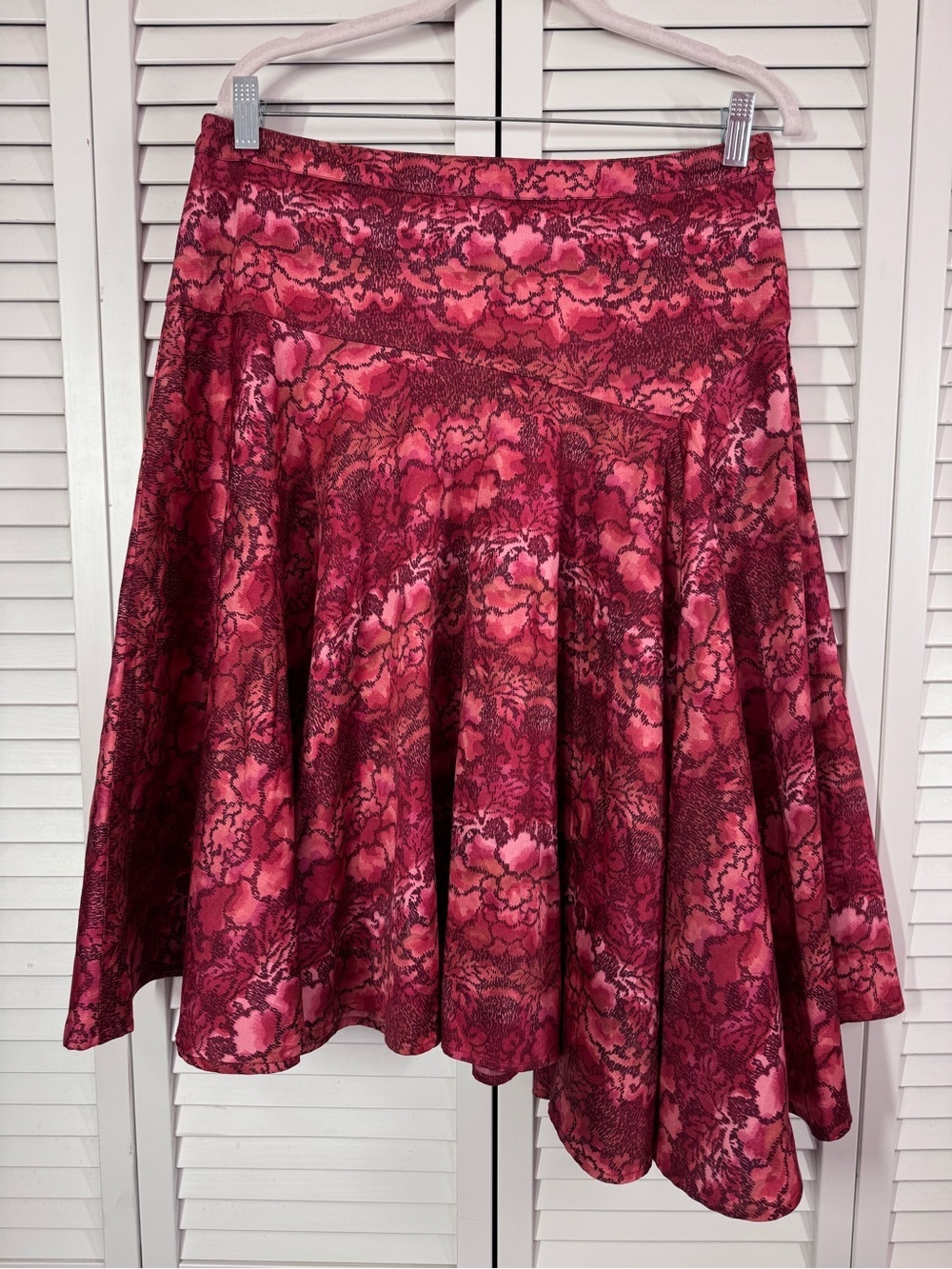 Peruvian Connection Godet Midi Skirt Asymmetrical Artsy Boho Burgundy Paisley 12